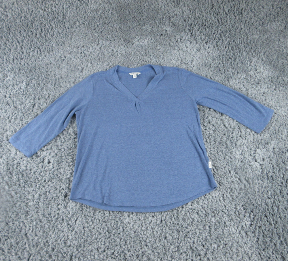 Orvis Shirt Womens Medium Blue Linen Blend 3/4 Sleeve V-Neck